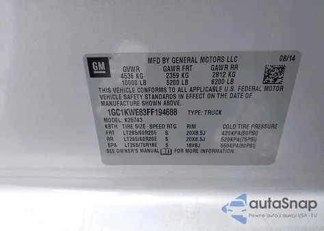 2015 Chevrolet Silverado 2500Hd Ltz из США, поврежденный, VIN 1GC1KWE83FF194688